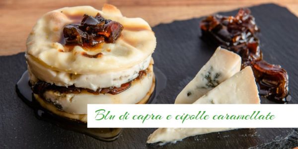 Focaccia col formaggio, blu di capra e cipolle caramellate