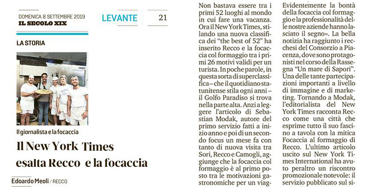 08.09.2019 il nyt esalta recco e la focaccia - Rassegna Stampa - Tossini Recco